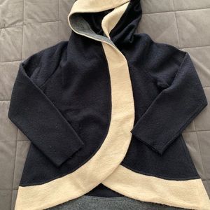 Blue with cream edging  crop hooded wool jacket.